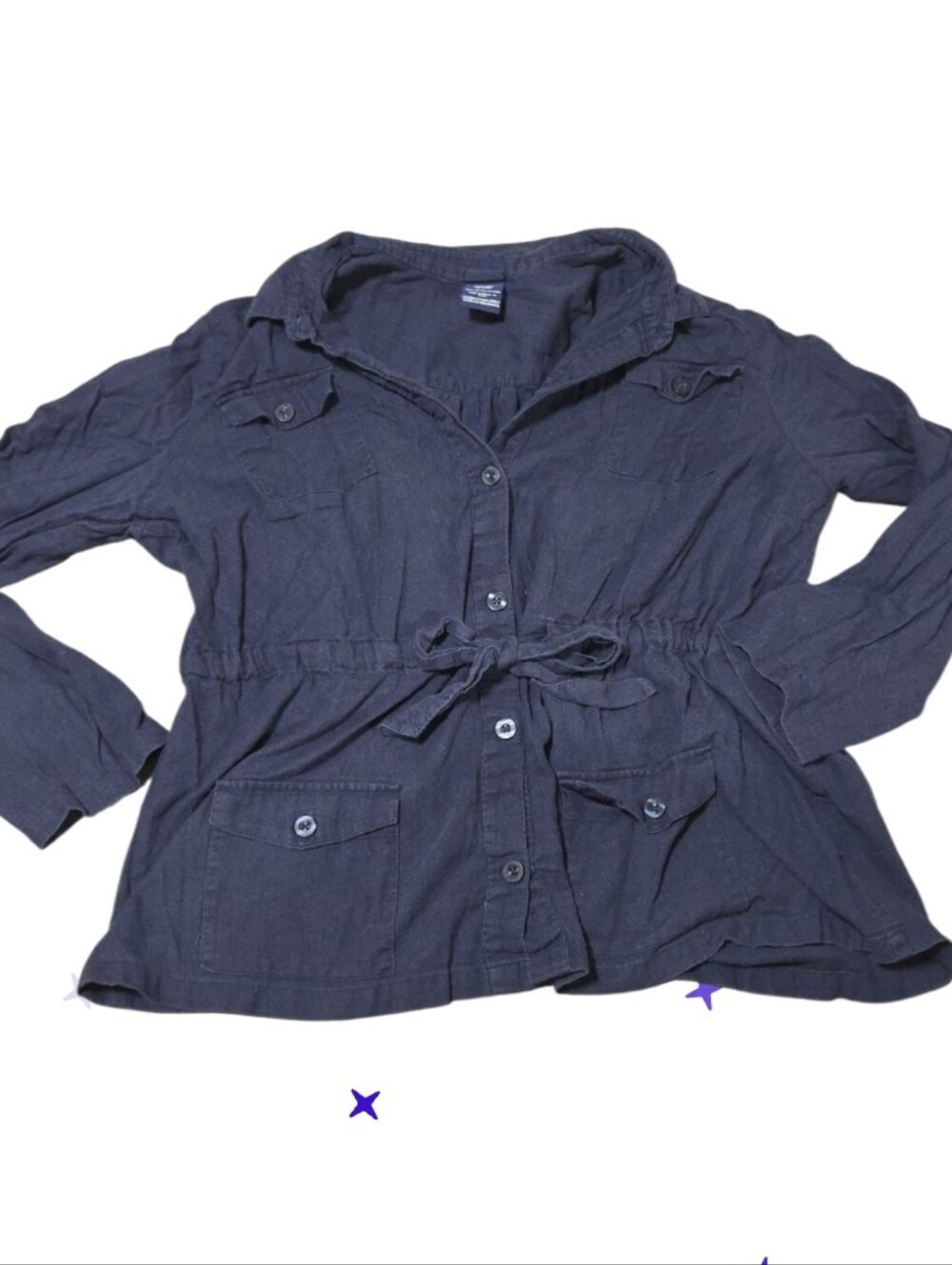 100% Cotton Xl Basic Editions Casual Drawstring Utility Belted Shirt - Navy